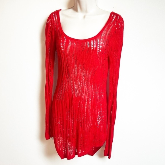 Express Tunic Sweater Open Knit Scoop Neck Asymmetrical Hem Pullover Red Small - Picture 7 of 7